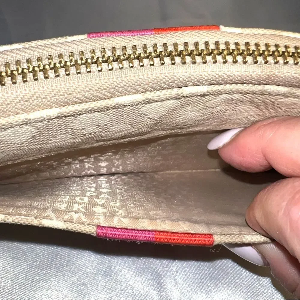 Kate Spade Neda Signature Beige and Pink Stripe Zip Around Wallet